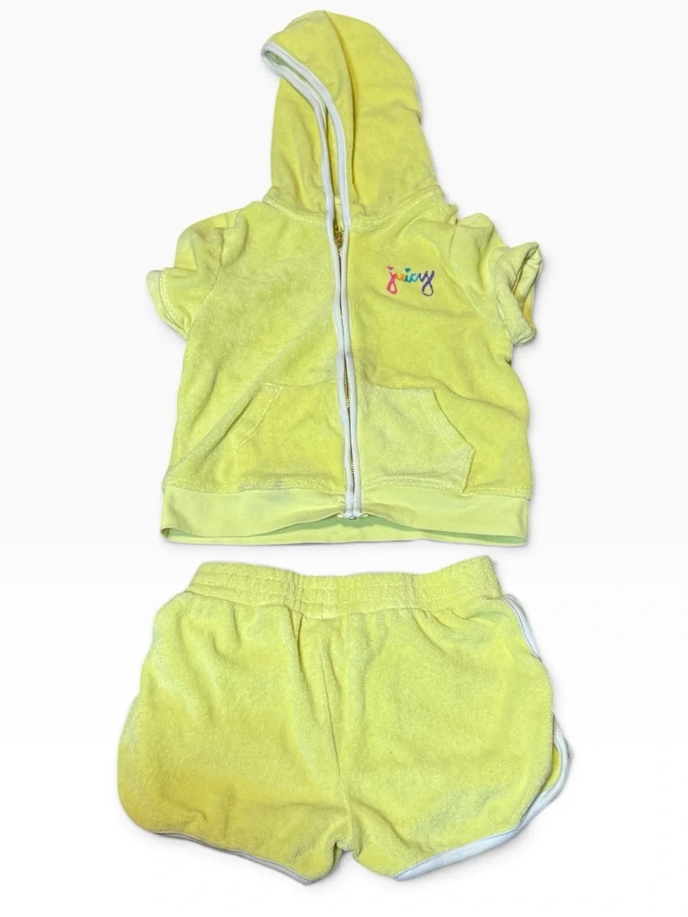 Juicy Couture Yellow Terry Hooded Top & Shorts Set with Rainbow Size 7